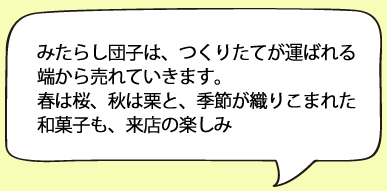 みたらし団子は、つくりたてが運ばれる端から売れていきます。春は桜、秋は栗と、季節が織りこまれた和菓子も、来店の楽しみ